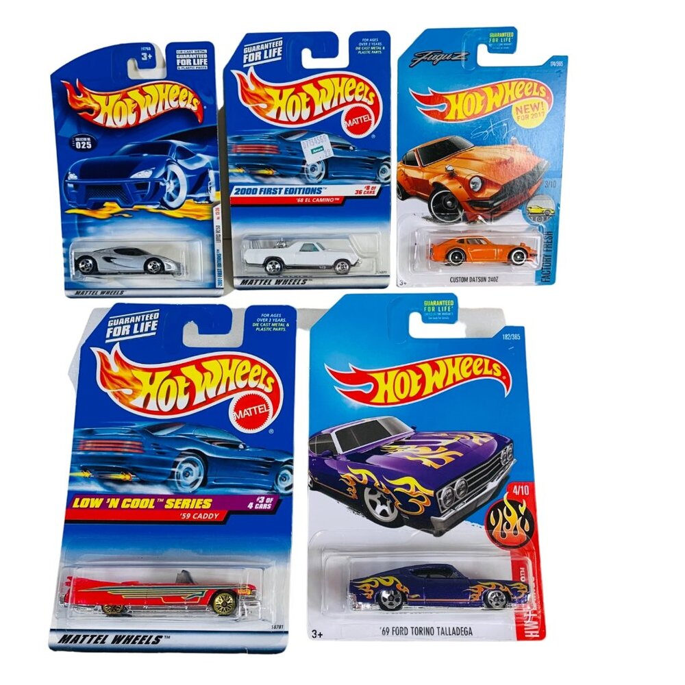 Hot Wheels Lot of 5 Die Cast 59 Caddy 68 El Camino Lotus Datsun 69 Ford Torino